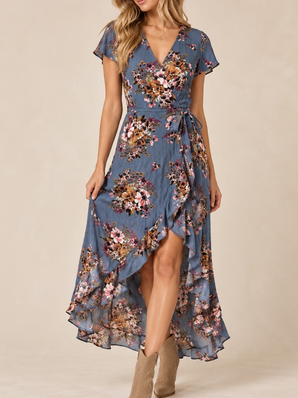 Altar’d State Floral Wrap Maxi Dress XS Blue High Low Ruffle Boho